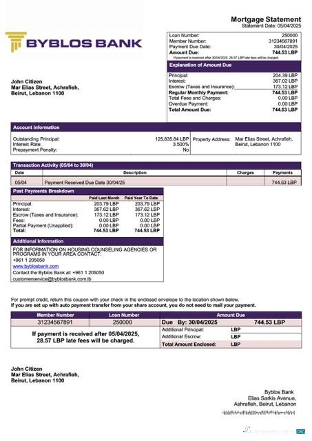 Download Lebanon Byblos Bank mortgage statement Word and PDF template Photoshop template